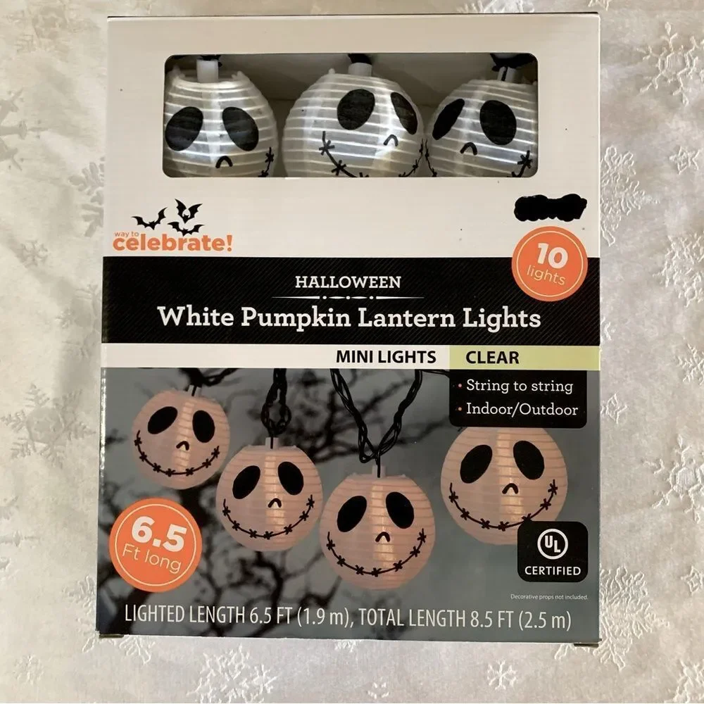 NWT Celebrate Halloween White Pumpkin Lantern String Lights Clear 6.5 ft - Picture 2 of 5